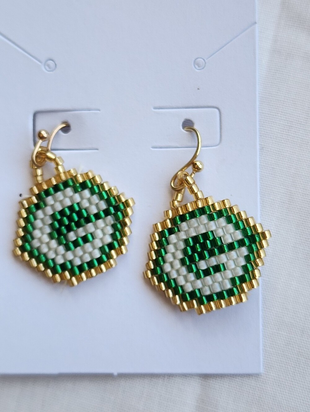 Authentic Green and White Beaded Earrings with Gold Accents Green Bay Packer Fan